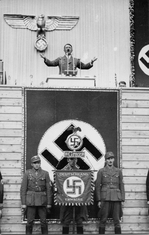 Adolf Hitler speaks in the Weitzer wagon factory in Graz